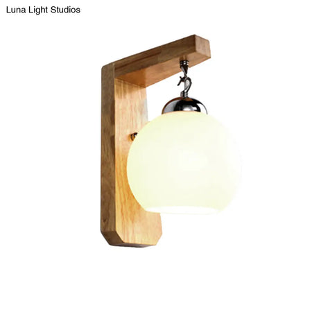Modern Opal Glass Globe Wall Light With Wood Base - White Sconce For Bedroom