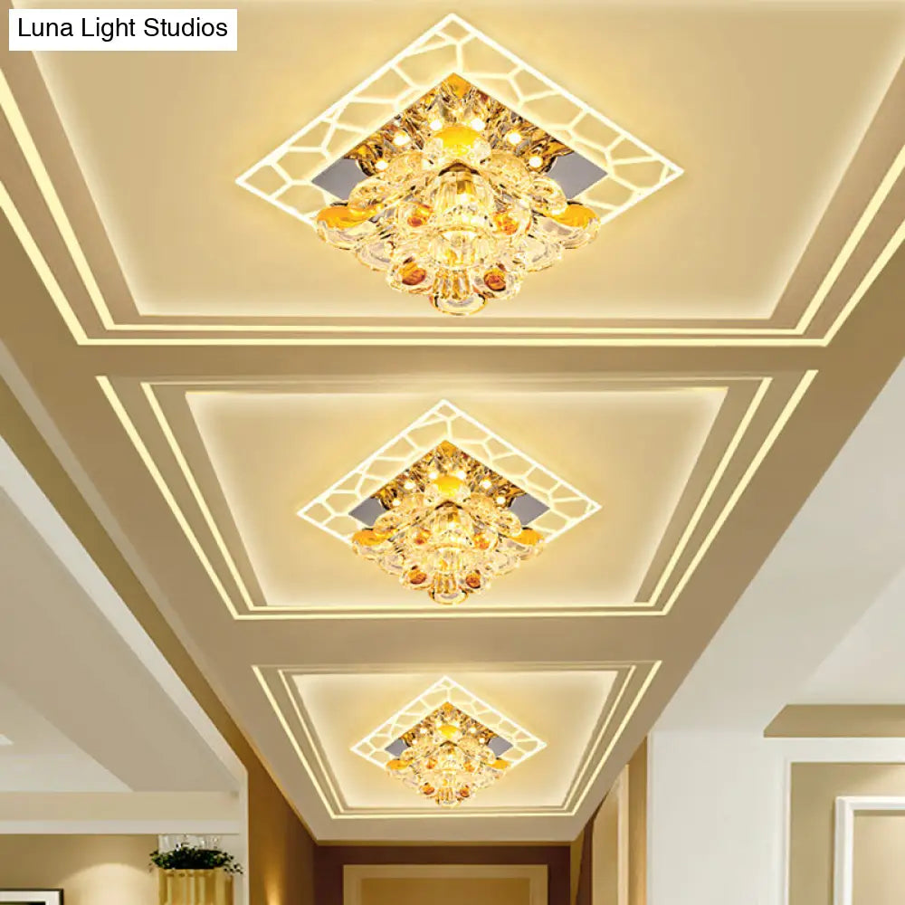 Modern Patchwork Square Acrylic Led Ceiling Lamp With Crystal Flower Shade