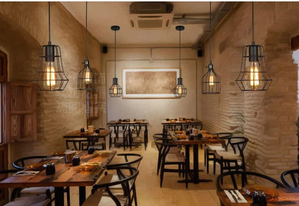 Modern Pendant Light Black Iron Hanging Cage Vintage E27Led Lamp Bulb Industrial Loft Retro Dining