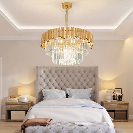 Modern Prism Block Chandelier - Multi-Light Crystal And Metal Lamp In Brass Finish / 23.5’