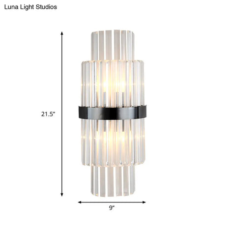 Modern Prism Crystal Wall Mount Lamp With 2 Tiers Bulbs And Black Half-Cylinder Shade