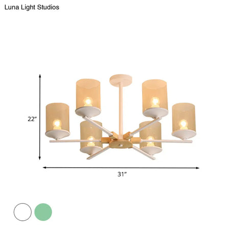 Modern Radial Iron Ceiling Chandelier - 6 Head White/Green With Wood Accents Cylinder Tan Glass