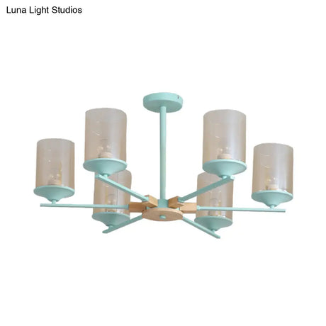 Modern Radial Iron Ceiling Chandelier - 6 Head White/Green With Wood Accents Cylinder Tan Glass