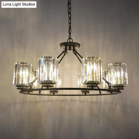 Modern Ring Crystal Chandelier With Clear Cylinder Shade - 6 Or 8 Bulbs Black Suspension Lamp