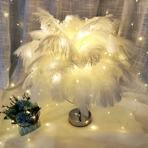 Modern Romantic Pink/White Led Nightstand Lamp With K9 Crystal Drop - Palm Tree Feather Table