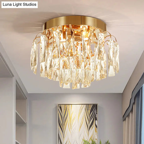 Modern Round Flush Mount Light With Clear Crystal Prism Chrome/Gold Finish 2 Lights