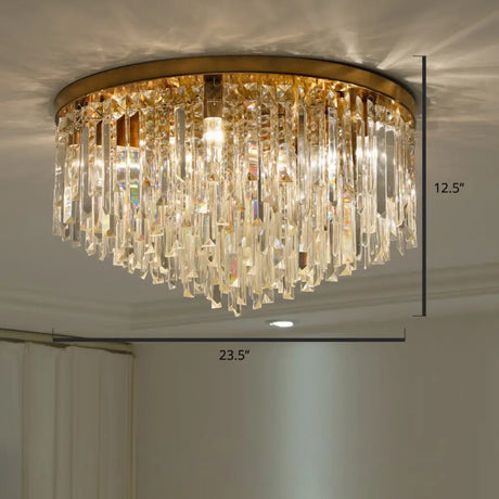 Modern Round Flushmount Bedroom Ceiling Light With Clear Crystal Icicles Brass / 23.5’