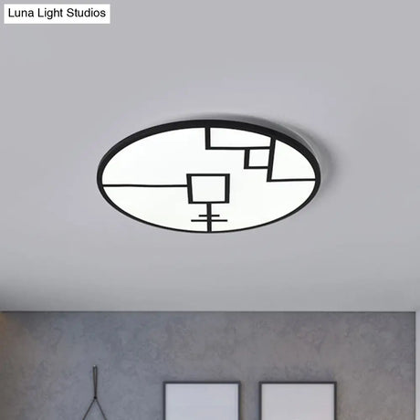 Modern Round Led Ceiling Light In Black/White With Geometric Pattern - Flush Mount Fixture For