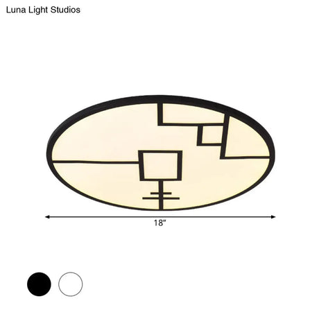 Modern Round Led Ceiling Light In Black/White With Geometric Pattern - Flush Mount Fixture For