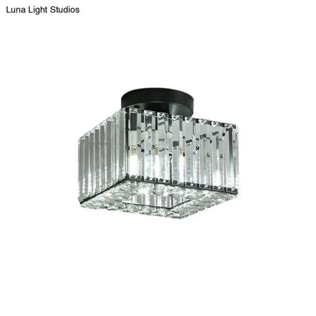 Modern Round/Square Shade Porch Flush Light Fixture With Clear Faceted Crystals - Black Canopy