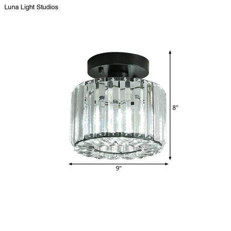 Modern Round/Square Shade Porch Flush Light Fixture With Clear Faceted Crystals - Black Canopy