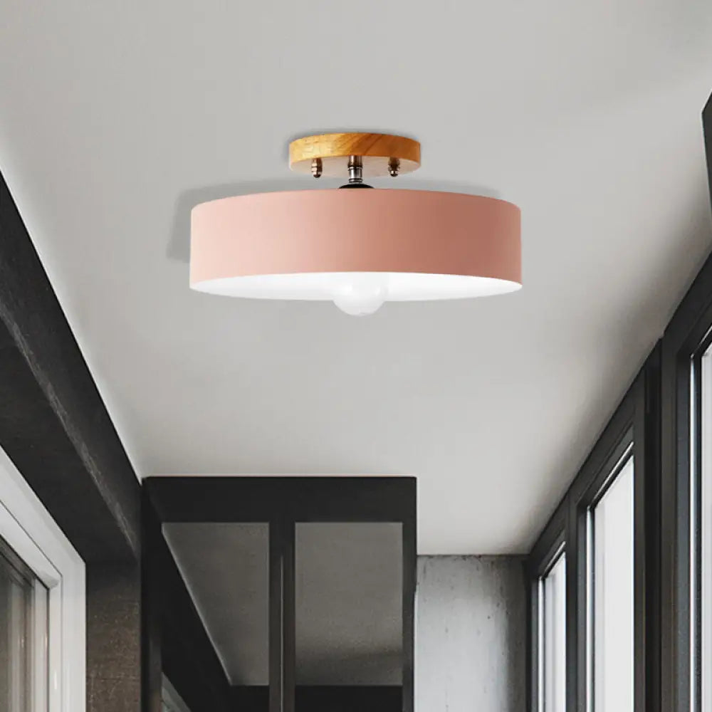 Modern Semi-Mount Drum Light: 1-Light 12’ W Metal Fixture In Gray/White/Red/Pink For Living Room