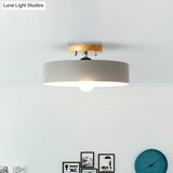 Modern Semi-Mount Drum Light: 1-Light 12’ W Metal Fixture In Gray/White/Red/Pink For Living Room