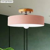 Modern Semi-Mount Drum Light: 1-Light 12’ W Metal Fixture In Gray/White/Red/Pink For Living Room