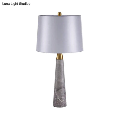 Modern Shaded Nightstand Lamp - 1 Head White Fabric Task Lighting With Grey Cone Marble Base