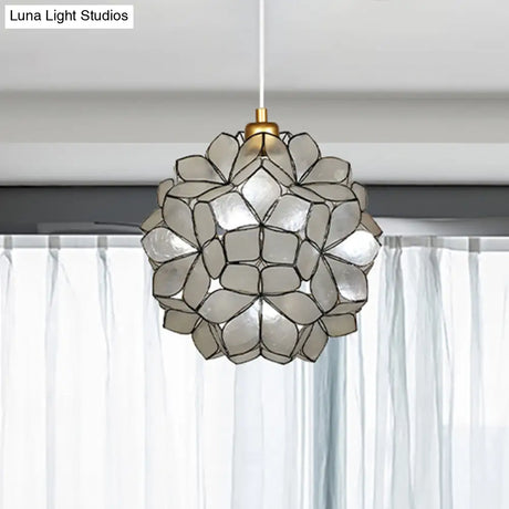 Modern Shell Globe Pendant: Elegant 1-Light Hanging Ceiling Fixture In White/Beige