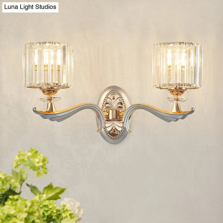 Modern Silver Cylinder Sconce With Clear Crystal Shade - Flush Mount Wall Light