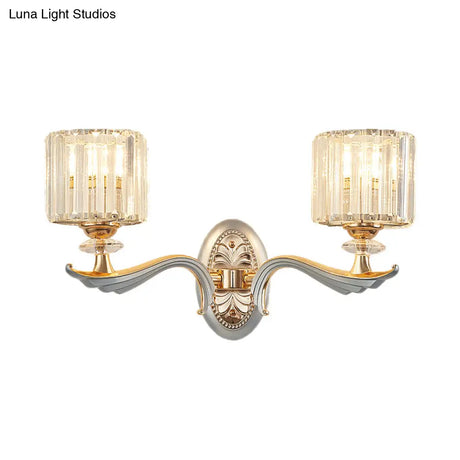 Modern Silver Cylinder Sconce With Clear Crystal Shade - Flush Mount Wall Light