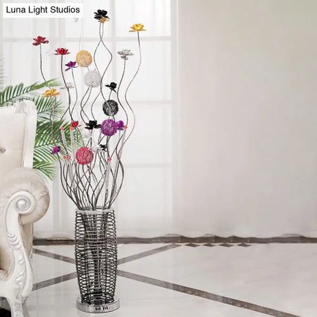 Modern Silver Led Floor Lamp With Metal Hollowed Oval Design - Colorful Bloom And Swooping Linear