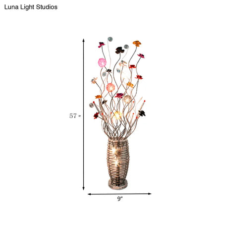 Modern Silver Led Floor Lamp With Metal Hollowed Oval Design - Colorful Bloom And Swooping Linear
