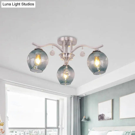 Modern Smoke Glass Bud Semi Ceiling Mount Light For Restaurants & Hotels - 3 - Light Crystal Lamp