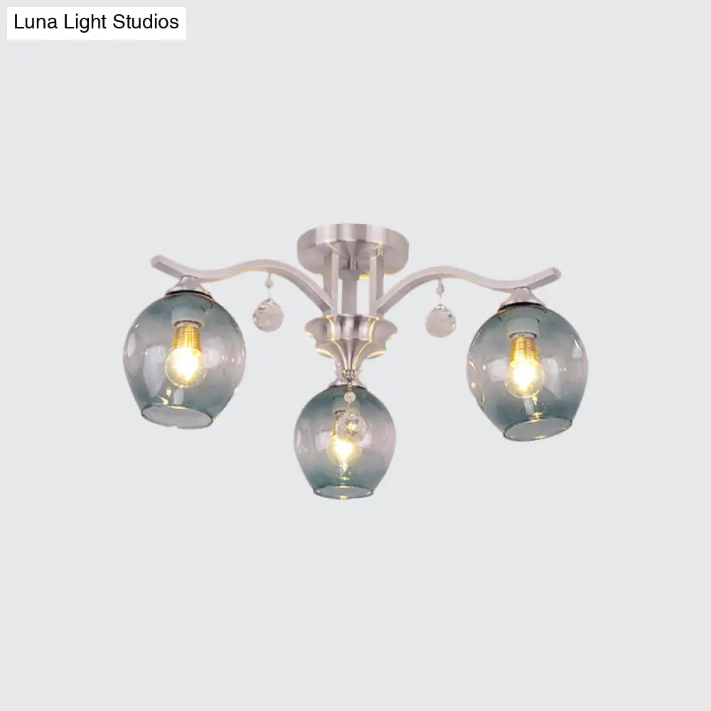Modern Smoke Glass Bud Semi Ceiling Mount Light For Restaurants & Hotels - 3 - Light Crystal Lamp