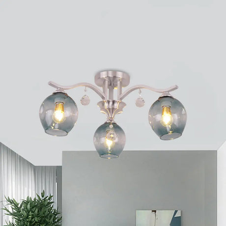Modern Smoke Glass Bud Semi Ceiling Mount Light For Restaurants & Hotels - 3 - Light Crystal Lamp