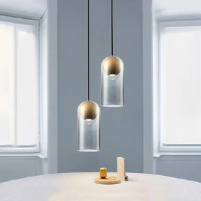 Modern Smoke Gray Glass Cylinder Pendant Light Fixture With Wood Globe Shade - Ideal For Dining Room