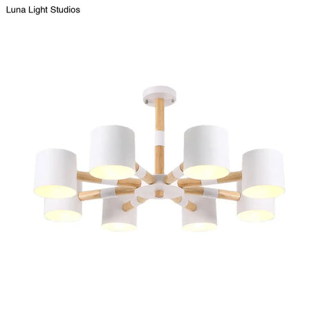 Modern Snowflake Hanging Light: Drum Shade Macaron Wood Chandelier For Living Room