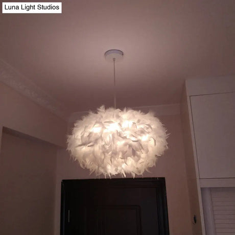 Modern Spherical Feather Pendant Light Fixture - White 1-Bulb 18’/21.5’ Width Ideal For Dining