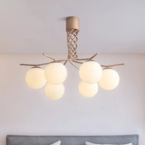 Modern Spiral Chandelier Pendant Light With 6 Iron Heads In Rose Gold And Sphere White Glass Shade