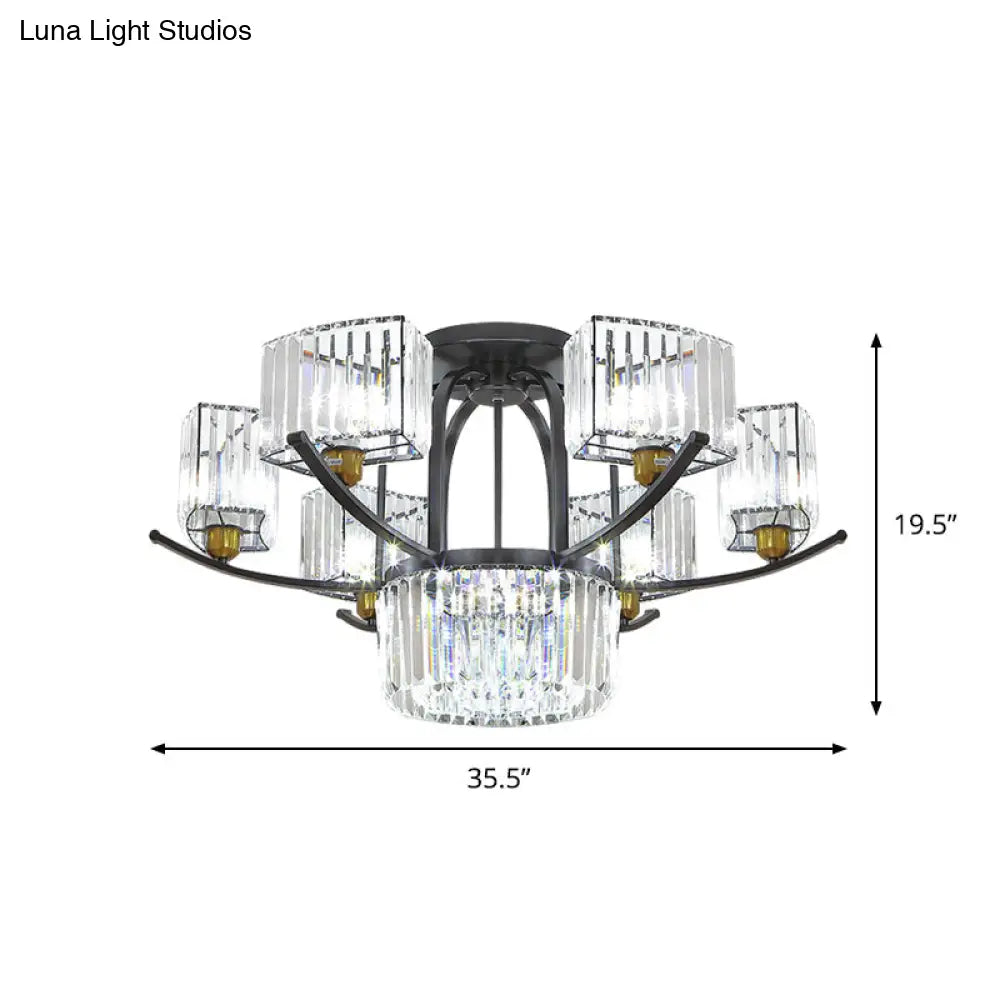 Modern Sputnik Crystal Block Flush Light Fixture - 9/12 Head Semi Mount In Black