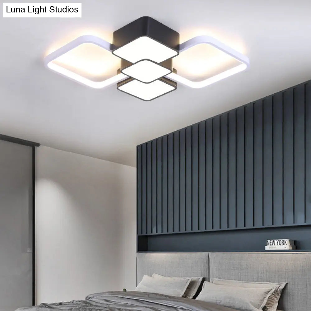 Modern Square Flush Mount Led Ceiling Light In Black With Warm/White 18’/21.5’ Wide