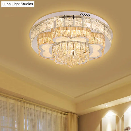 Modern Stainless Steel Led Flushmount Ceiling Light With Cut Crystal Floral Design