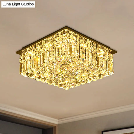 Modern Stainless Steel Square Ceiling Light With Clear Bevel Cut Glass - Led Flush Mount For Bedroom