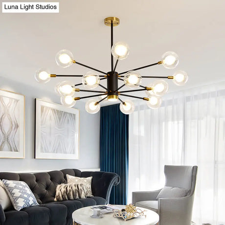 Modern Starburst Hanging Chandelier Light For Living Room - Clear Globe Glass Ceiling Pendant