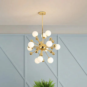 Modern Stylish Burst Ball Chandelier – Frosted White Glass Ceiling Hang Lamp (Gold Living Room
