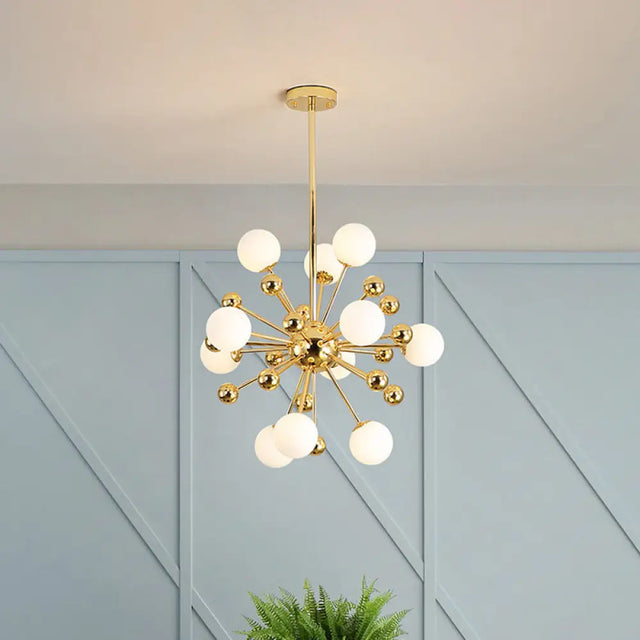 Modern Stylish Burst Ball Chandelier – Frosted White Glass Ceiling Hang Lamp (Gold Living Room