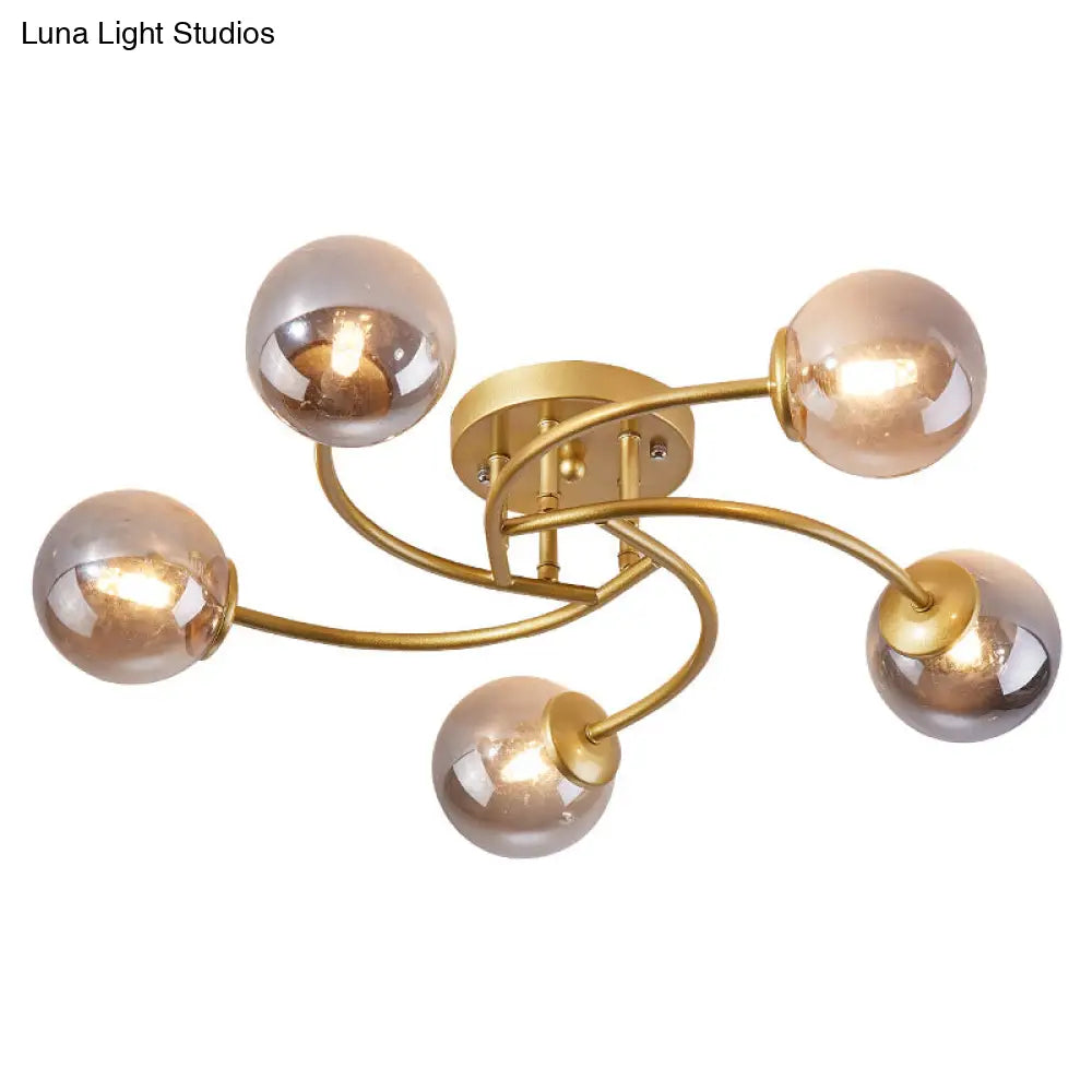Modern Swirled Metal Semi Flush Ceiling Light With Glass Ball Shade