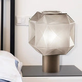 Modern Tan Glass Table Lamp With Geometric Design And Metal Base - Nightstand Light
