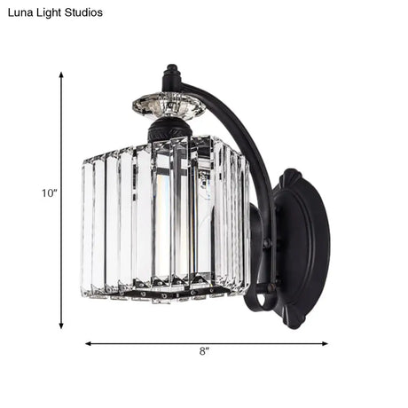 Modern Trapezoid Crystal Wall Light With Curved Arm For Living Room - Black Sconce Lamp
