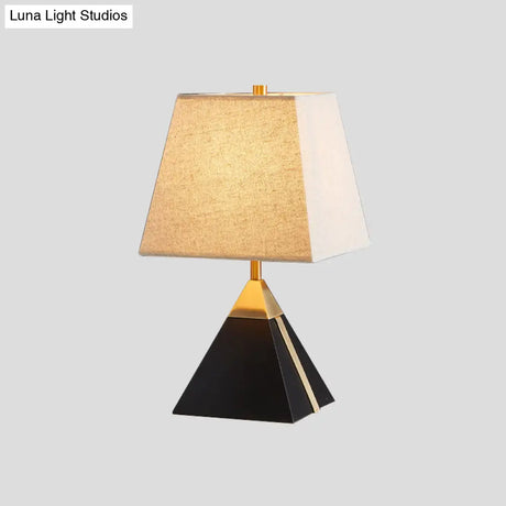 Modern Trapezoid Night Table Lamp In White/Flaxen - Light Fabric Sleek Design With Black Pyramid