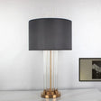 Modern Tubular Fabric Nightstand Lamp With Clear Crystal Accent And Gold Finish