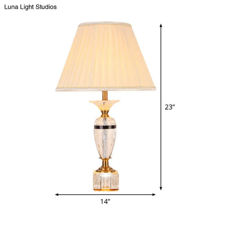 Modern Urn Shape Fabric Desk Light - Faceted Crystal 1 Bulb Night Table Lamp In Beige