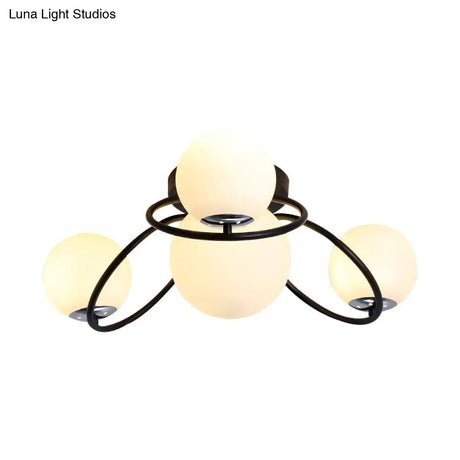 Modern White/Black Flush Mount Ceiling Light With Round Milk Glass Shade - 4 - Bulb Bedroom Lighting