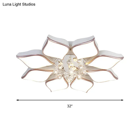 Modern White Blooming Flush Mount Ceiling Light With Crystal Drop - 8/10 Heads Warm Ambiance For