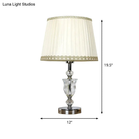 Modern White Cone Night Table Lamp With Urn-Shaped Crystal Head: Sleek Nightstand Light