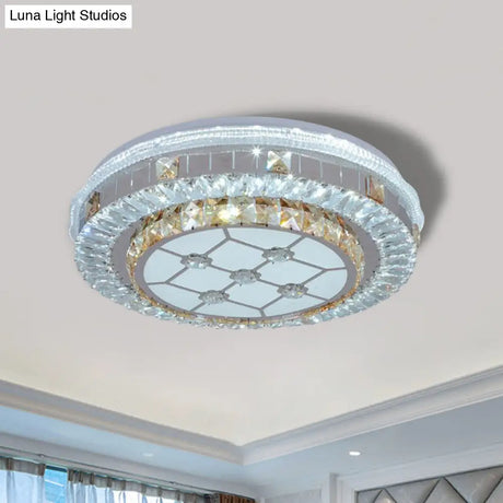 Modern White Crystal Flush Mount Ceiling Light With Led And Trellis/Flower Cut Design