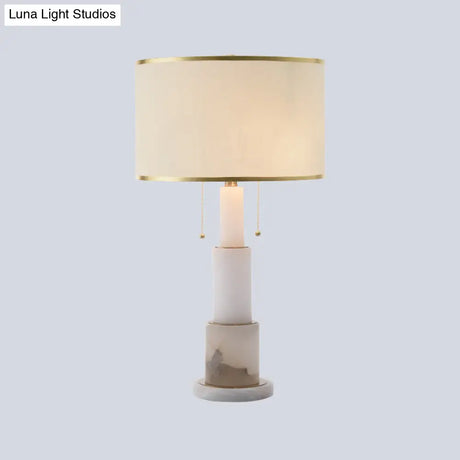 Modern White Cylinder Desk Lamp With 2 Fabric Night Table Heads And Pull Chain