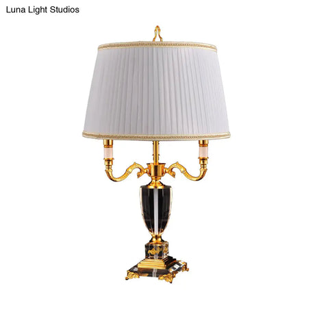 Modern White Desk Lamp With Fabric Drum Shade And Crystal Pedestal